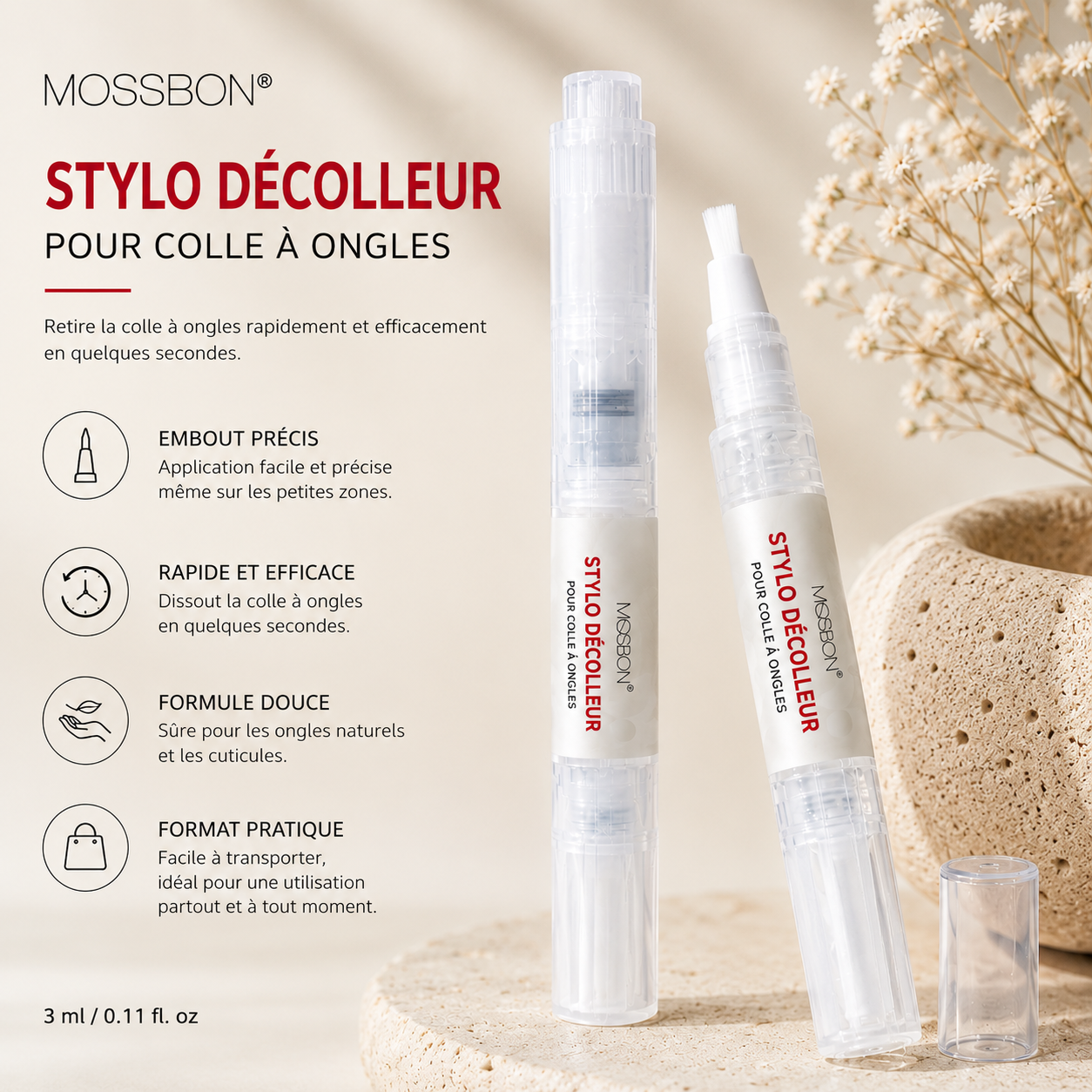 Stylo dissolvant pour colle à ongles | Formule douce | Précis et nourrissant